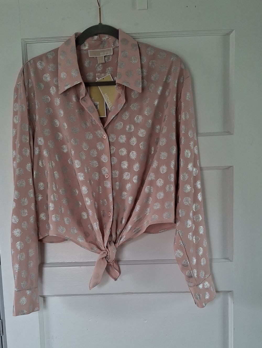 Michael Kors Women's Pink Tie-Front Blouse with Silver Leaf Print